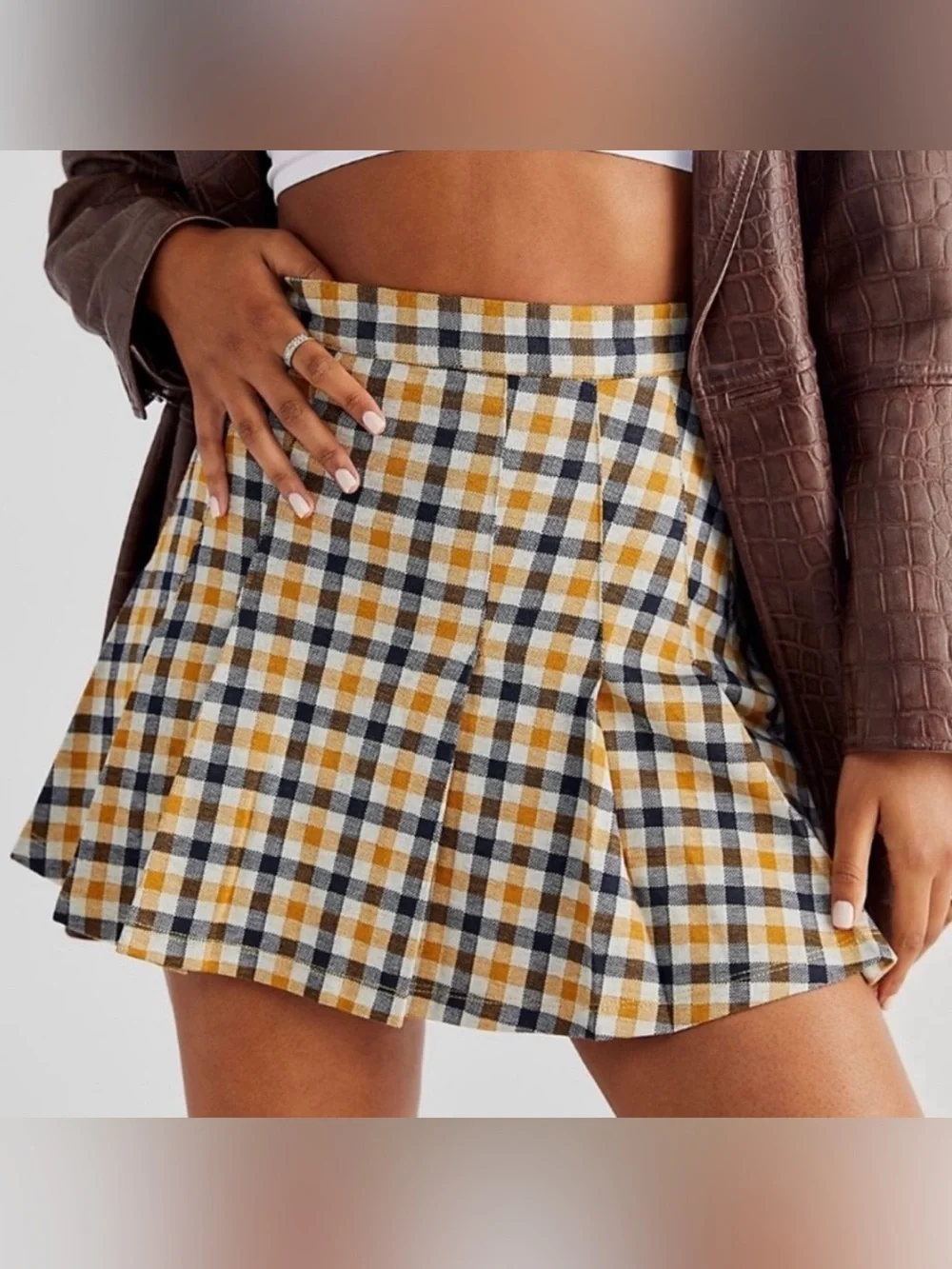 Free People Mustard, Black & White Plaid Skater Skirt - Picture 2 of 7
